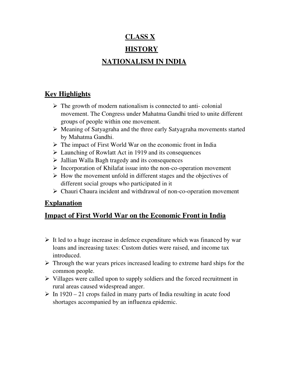CLASS X HISTORY NATIONALISM in INDIA Key Highlights Explanation
