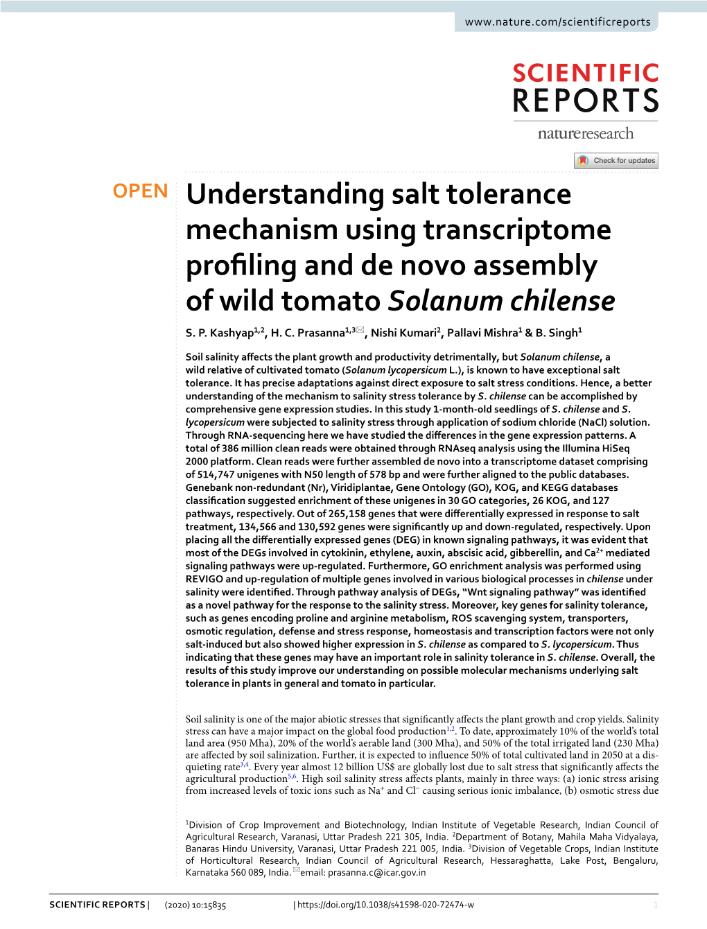 Understanding Salt Tolerance Mechanism Using Transcriptome Profling and De Novo Assembly of Wild Tomato Solanum Chilense S