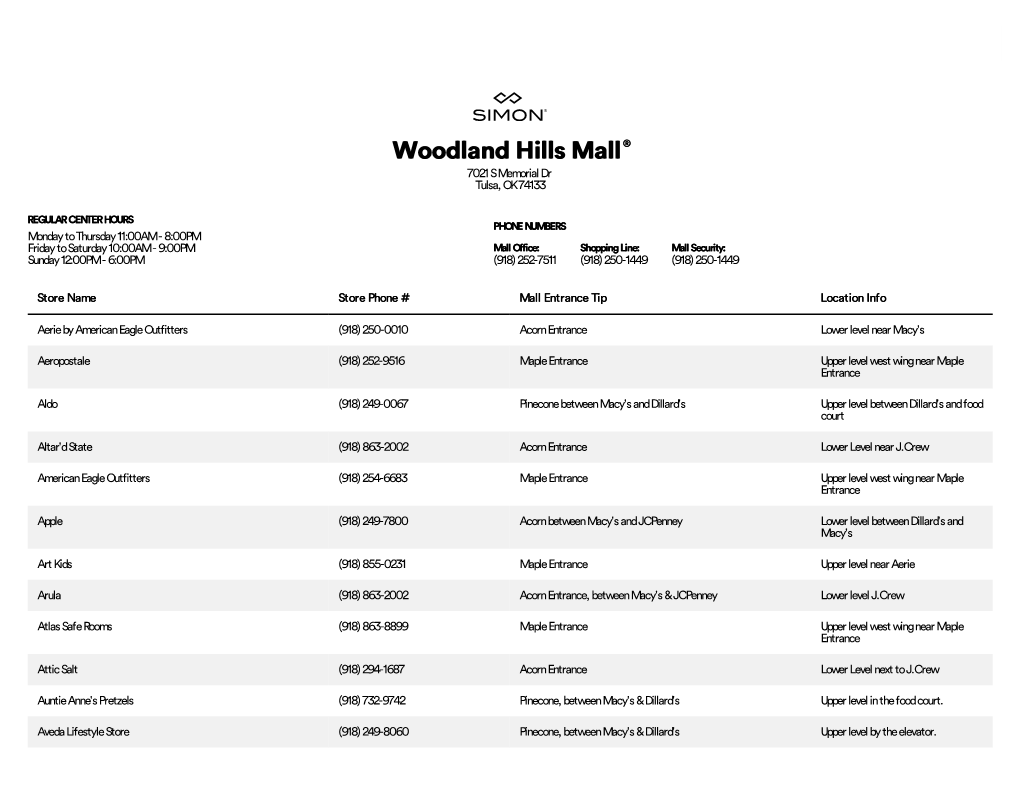 Complete List of Stores Located at Woodland Hills Mall