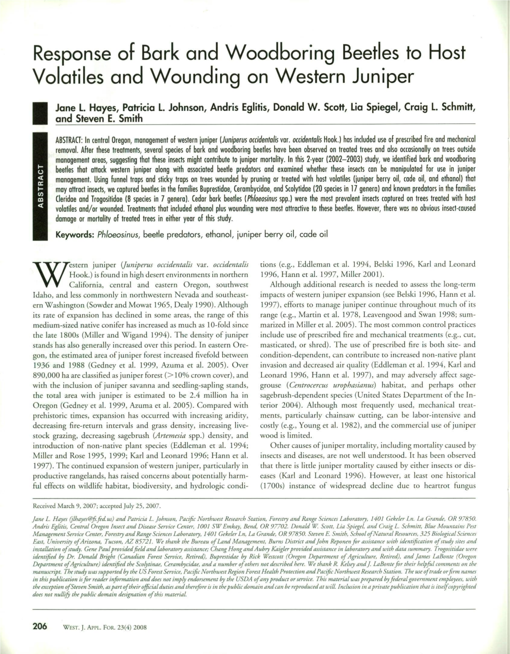 Response of Bark and Woodboring Beetles to Host Volatiles and Wounding on Western Juniper