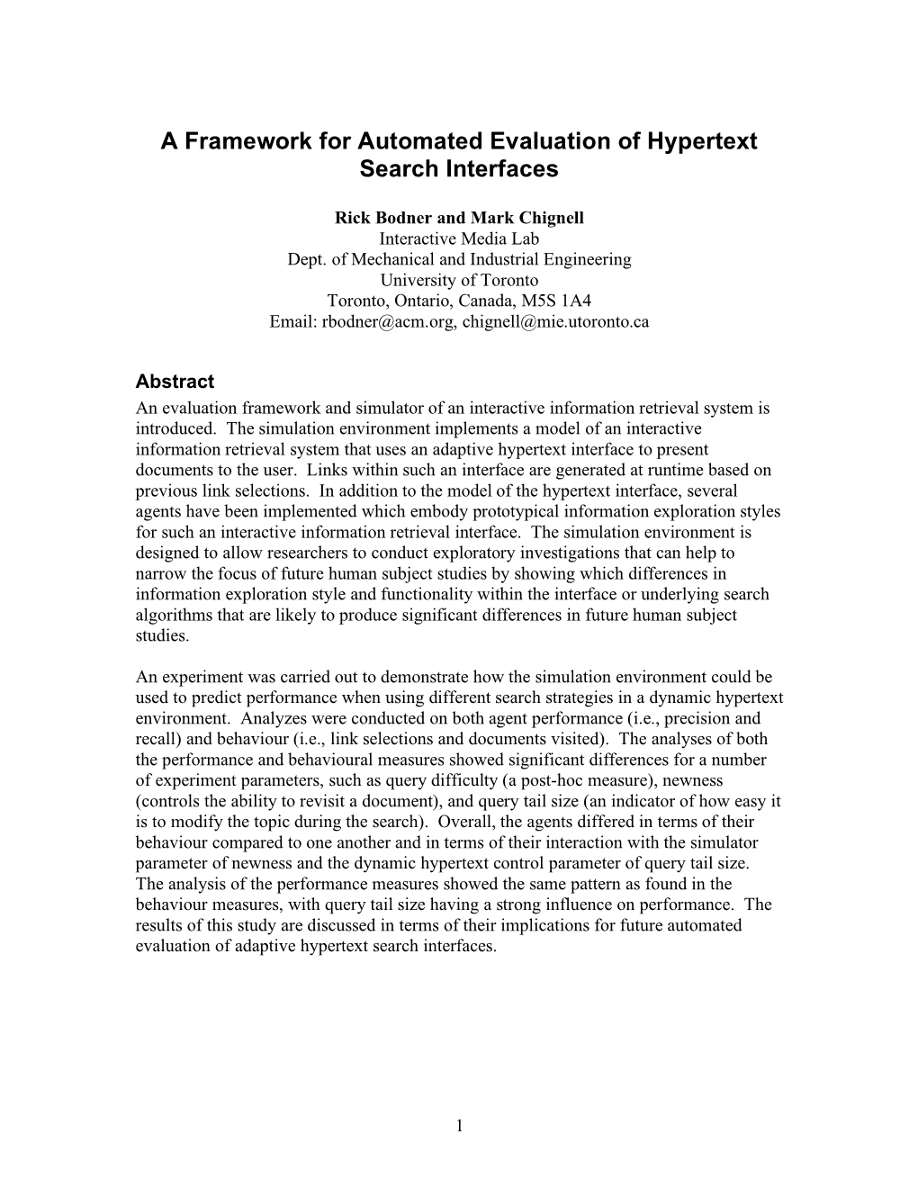 A Framework for Automated Evaluation of Hypertext Search Interfaces