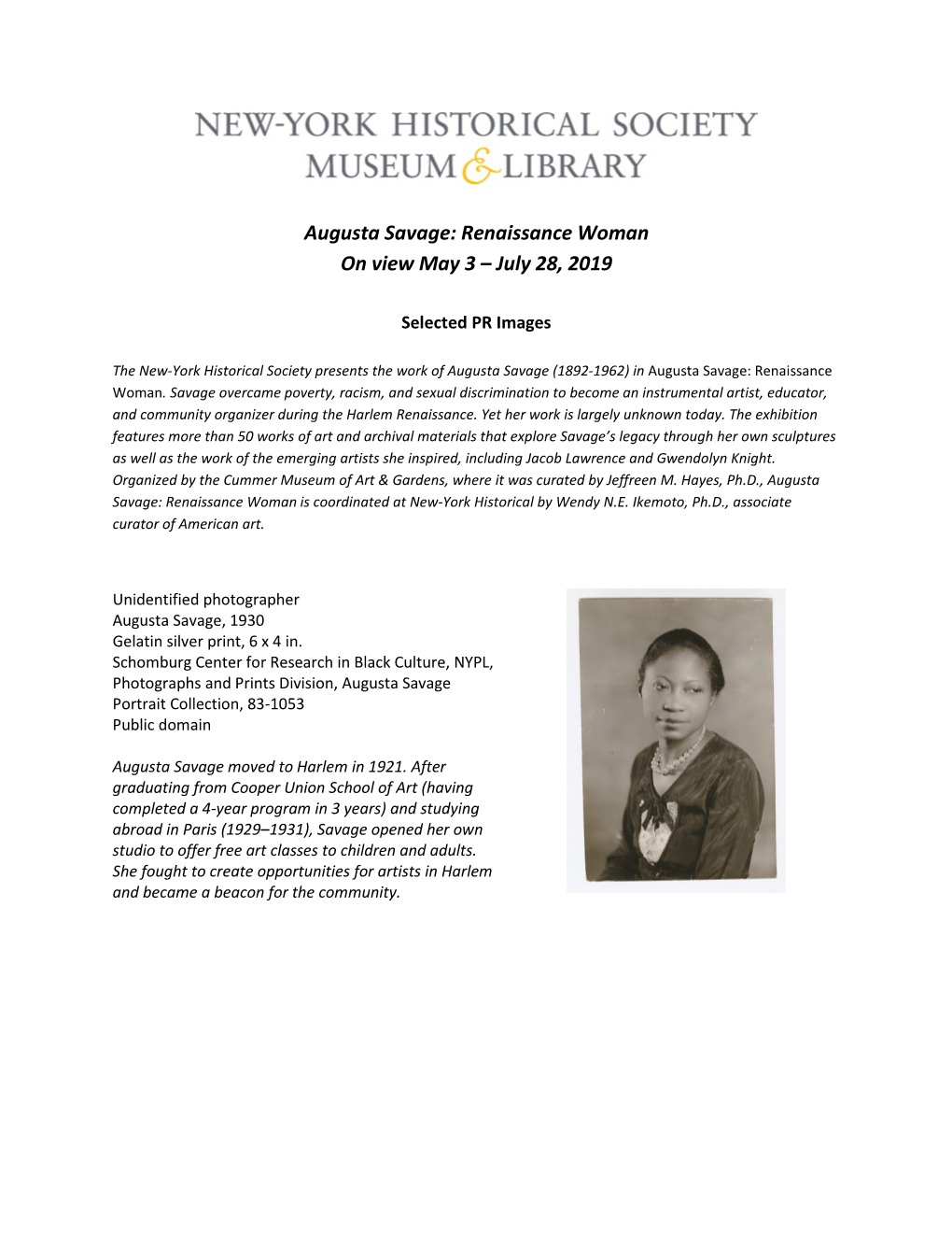 Augusta Savage: Renaissance Woman on View May 3 – July 28, 2019