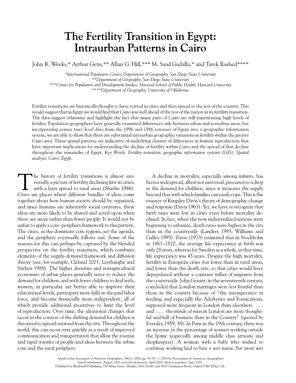 The Fertility Transition in Egypt: Intrauirban Pattern in Cairo