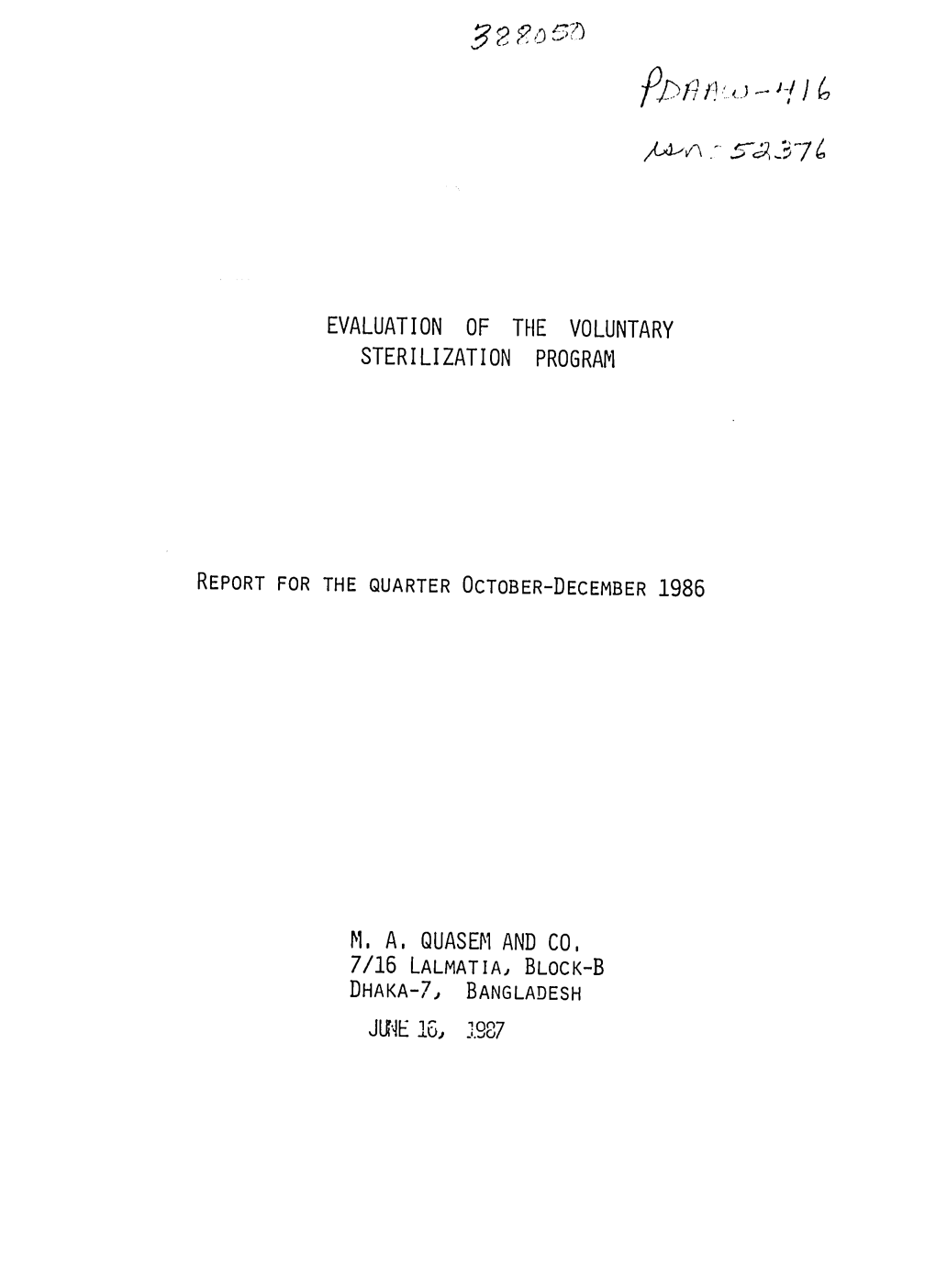 Evaluation of the Voluntary Sterilization Program M. A. Quasem and Co. June 16, J1.57