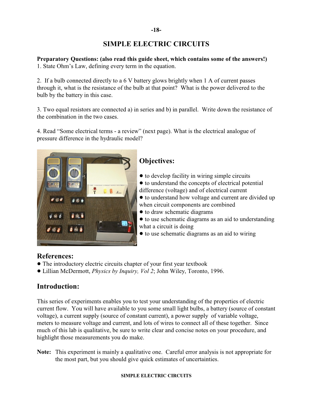 SIMPLE ELECTRIC CIRCUITS Objectives: References: Introduction