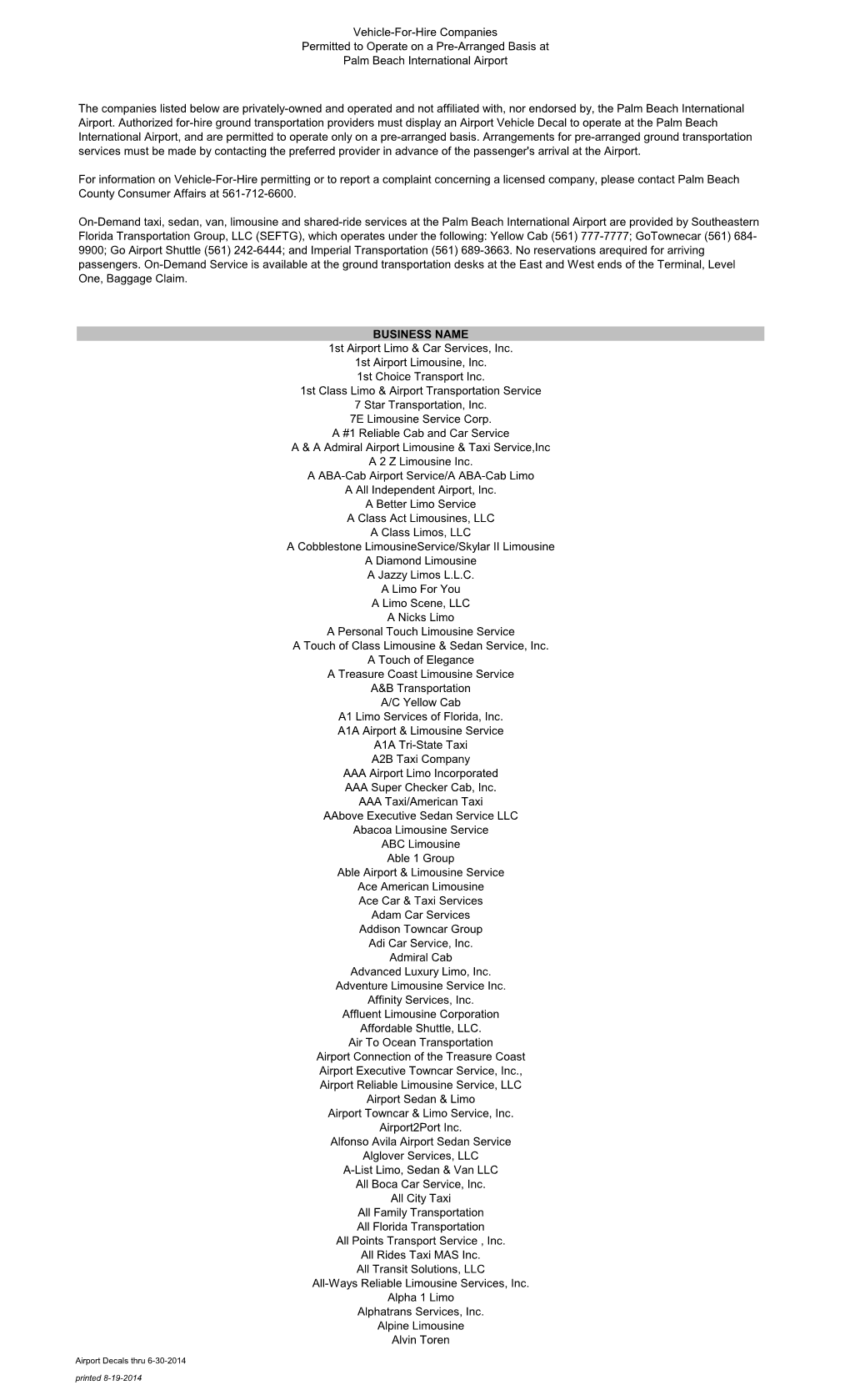 Vehicle-For-Hire Companies Permitted to Operate on a Pre-Arranged Basis at Palm Beach International Airport