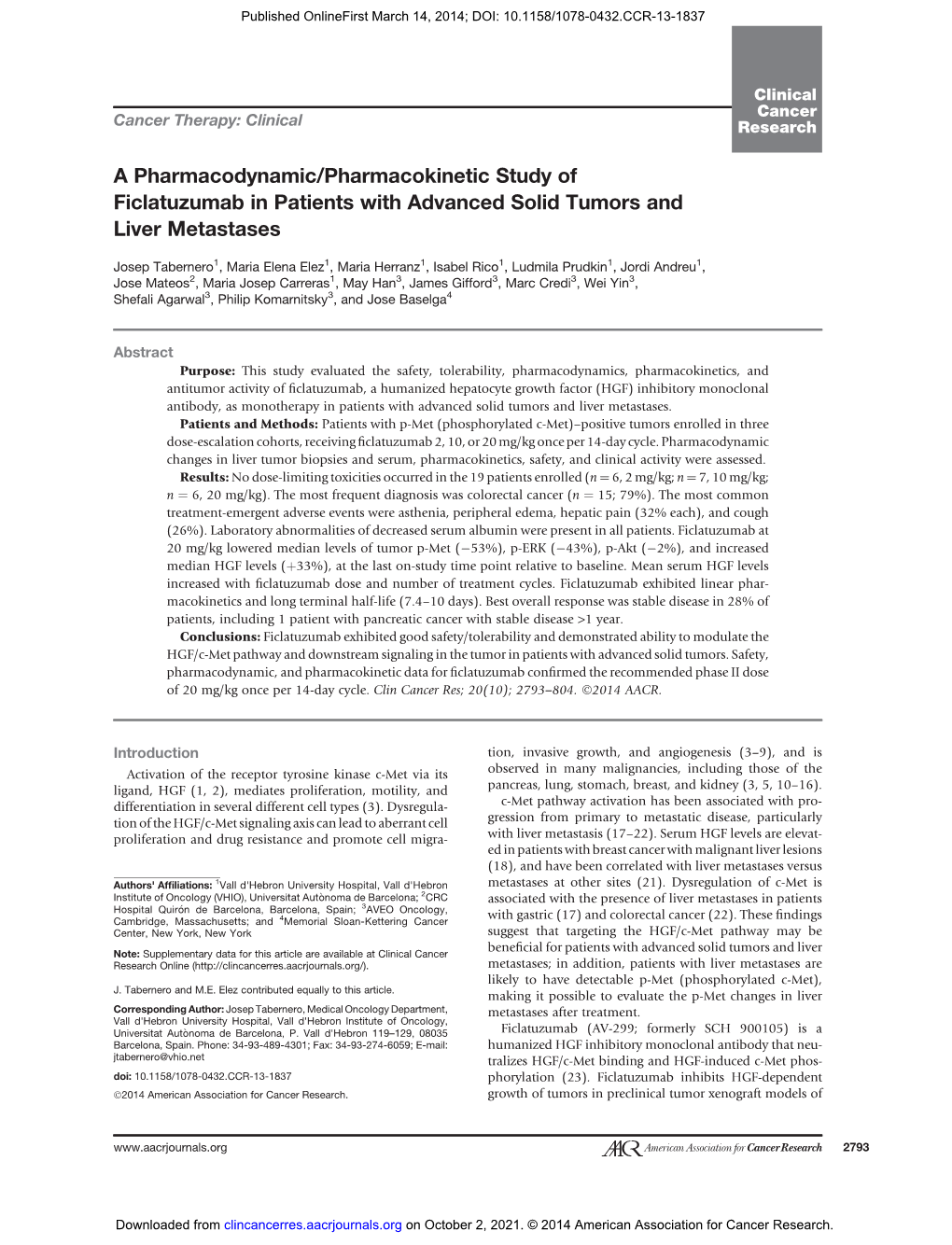 A Pharmacodynamic/Pharmacokinetic Study of Ficlatuzumab in Patients with Advanced Solid Tumors and Liver Metastases