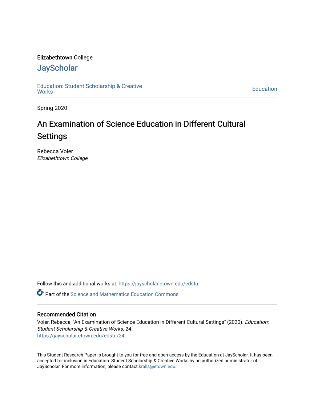 An Examination of Science Education in Different Cultural Settings