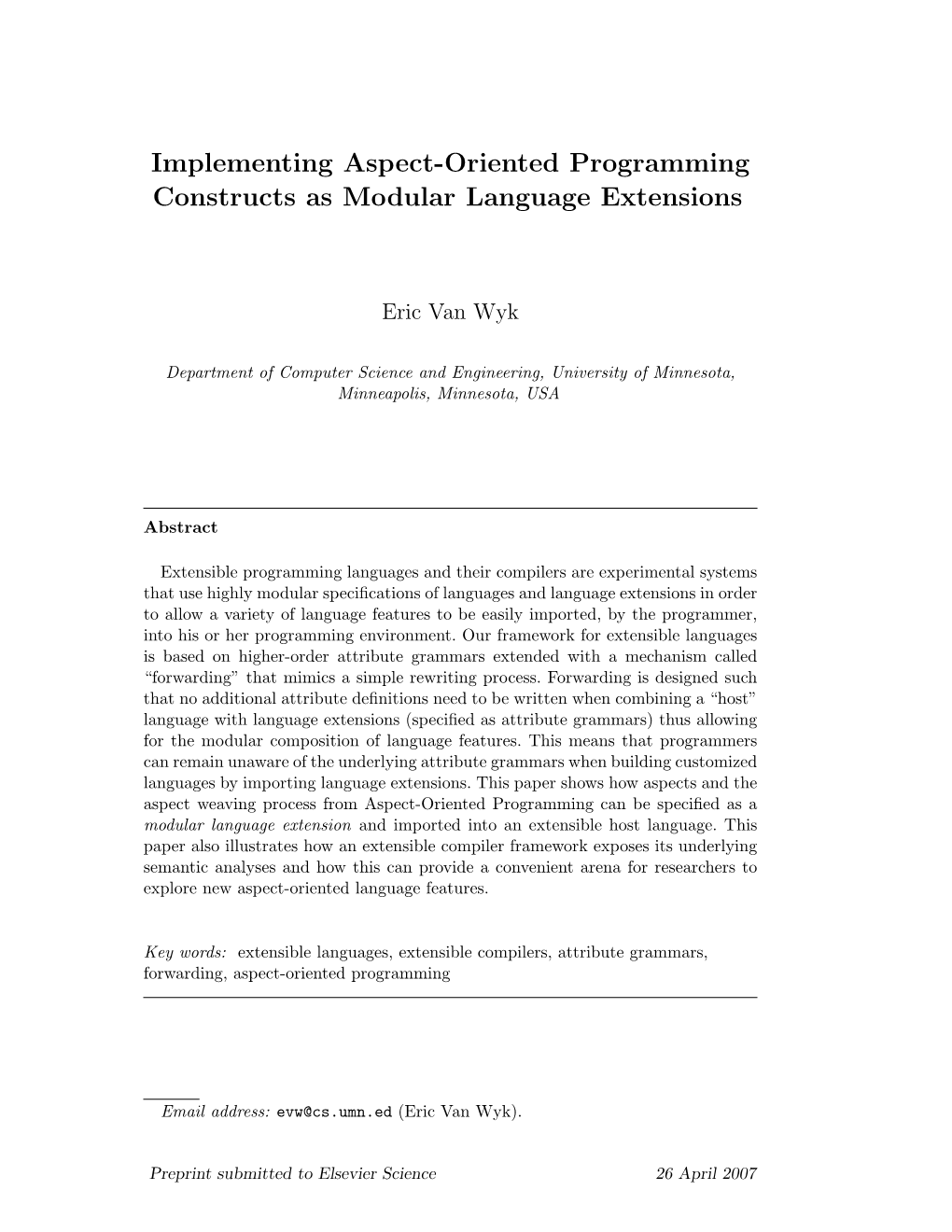 Implementing Aspect-Oriented Programming Constructs As Modular Language Extensions