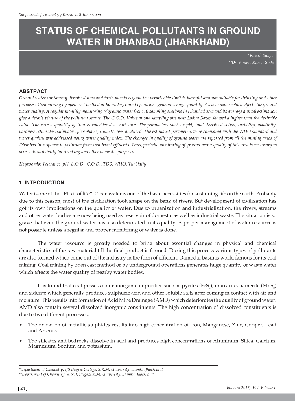 Status of Chemical Pollutants in Ground Water in Dhanbad (Jharkhand)