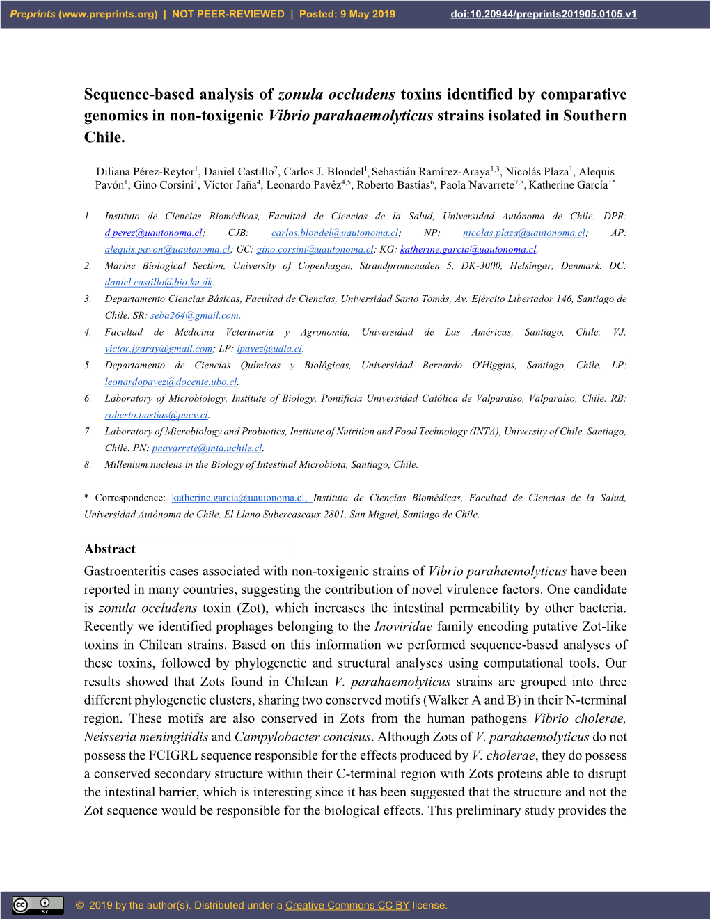 Sequence-Based Analysis of Zonula Occludens Toxins Identified by Comparative Genomics in Non-Toxigenic Vibrio Parahaemolyticus Strains Isolated in Southern Chile