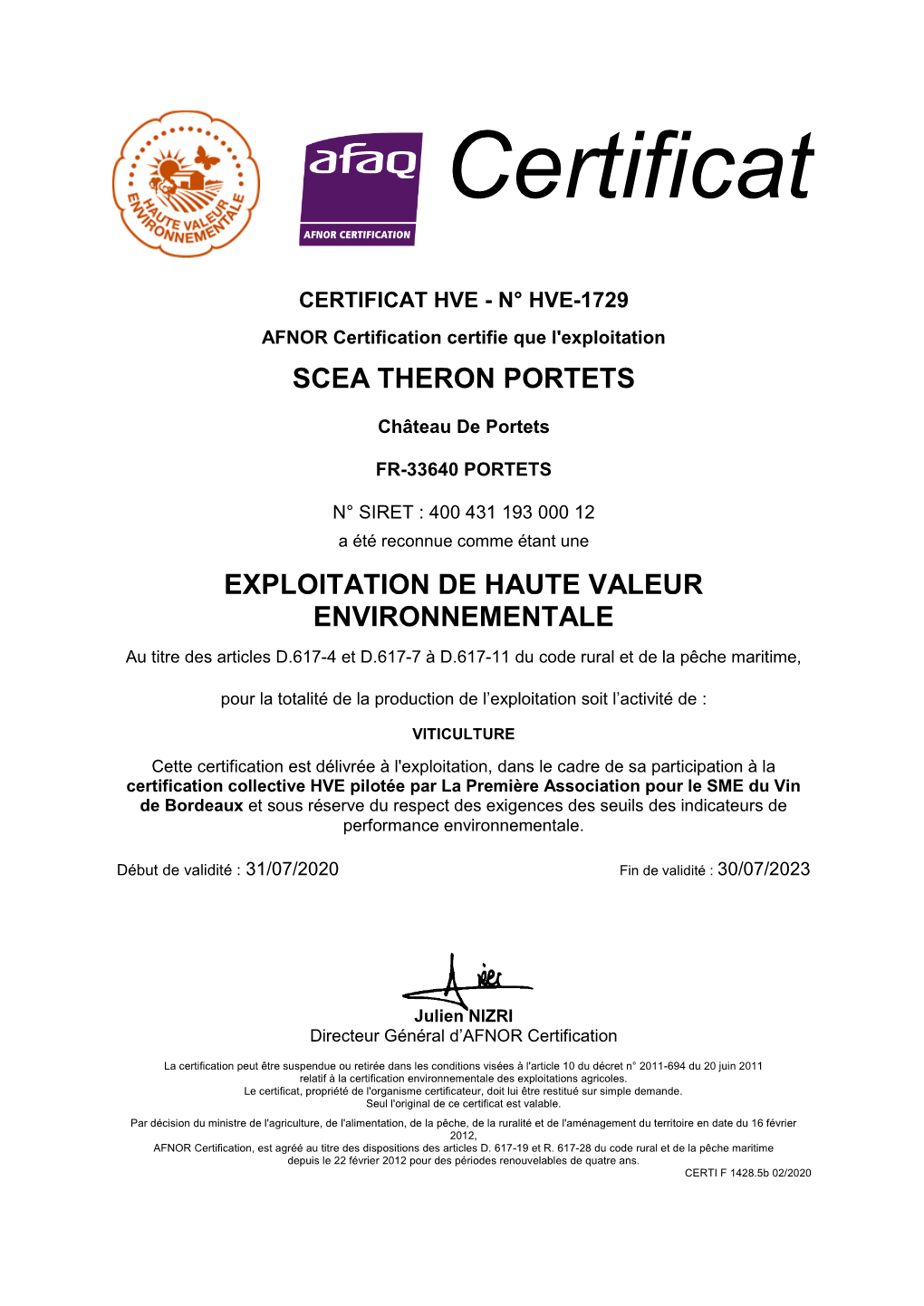 CERTI F 0956 Certif. Générique Avec Accréd. Et Anx Et Logo COFRAC