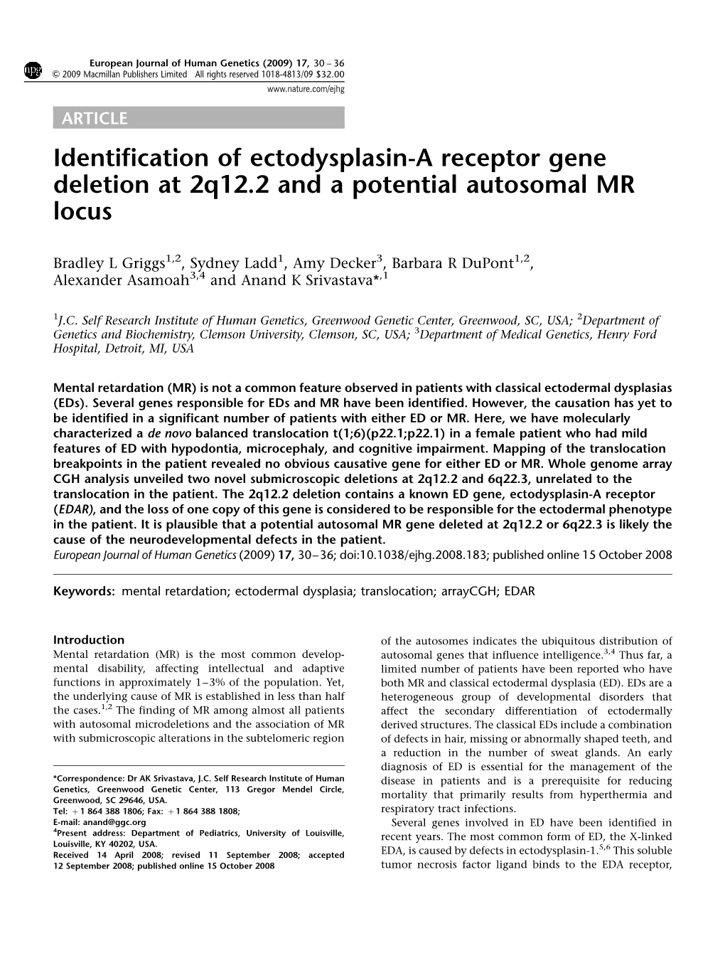 Identification of Ectodysplasin-A Receptor Gene Deletion at 2Q12.2 and a Potential Autosomal MR Locus