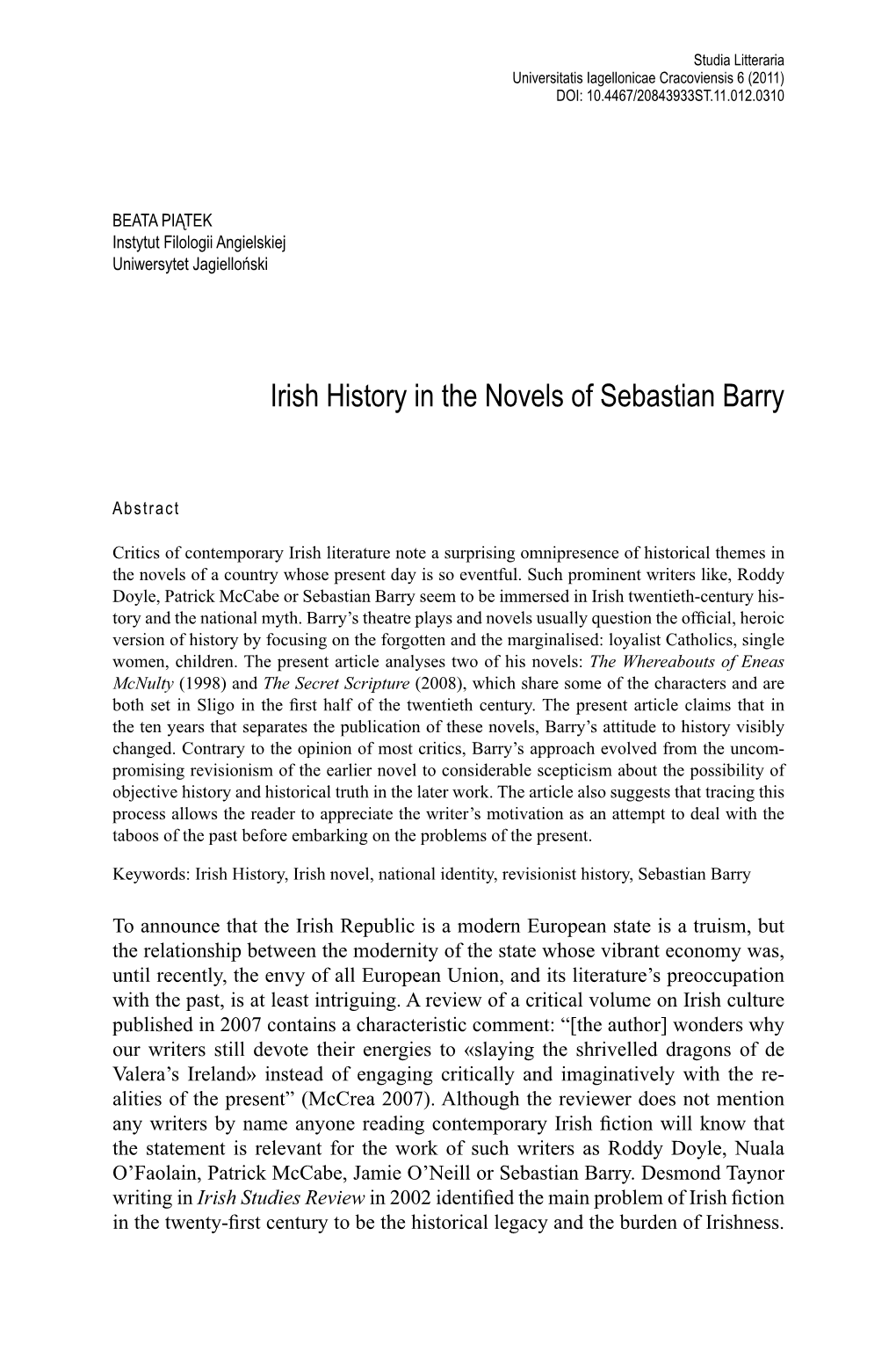 Irish History in the Novels of Sebastian Barry