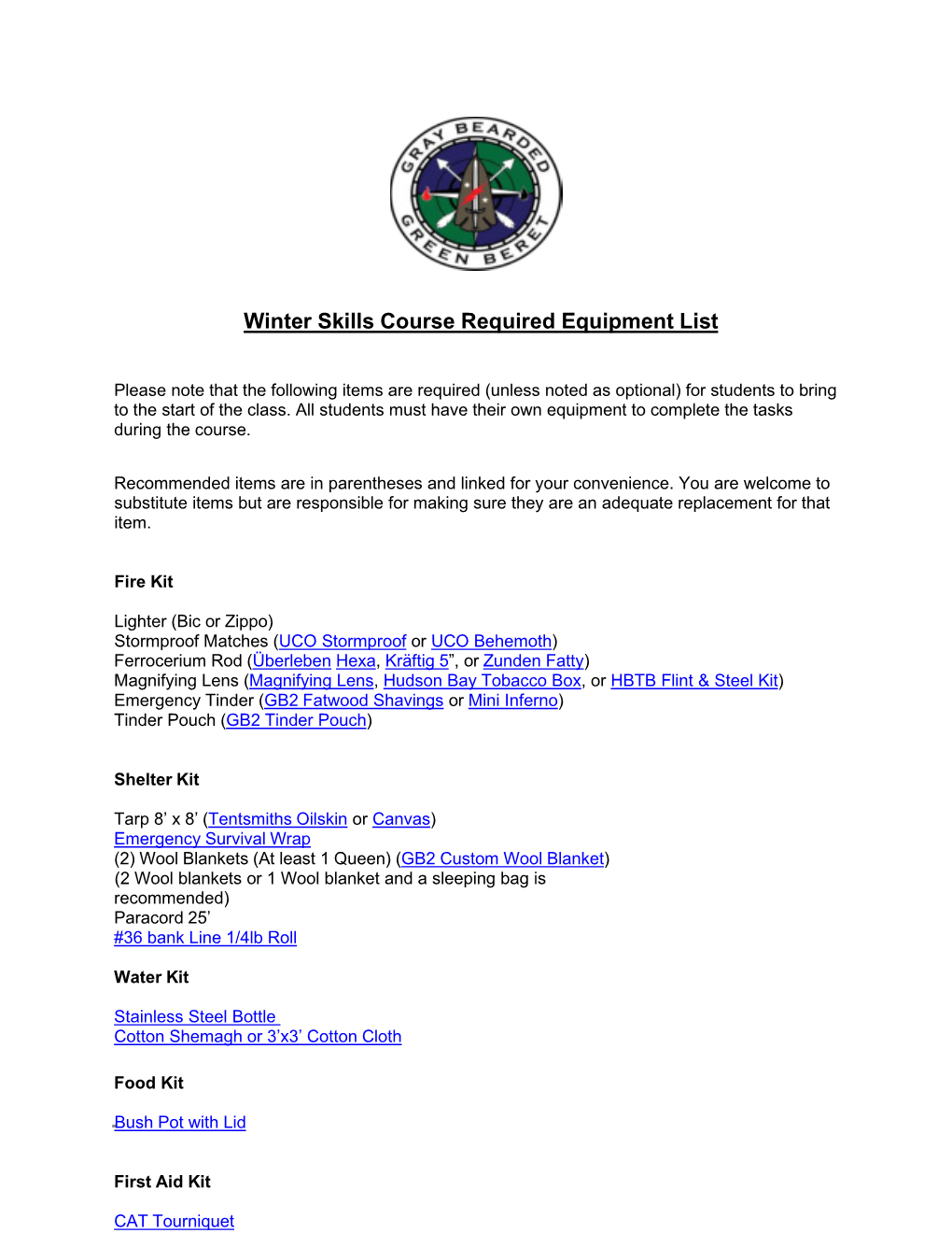 Winter Skills Course Required Equipment List