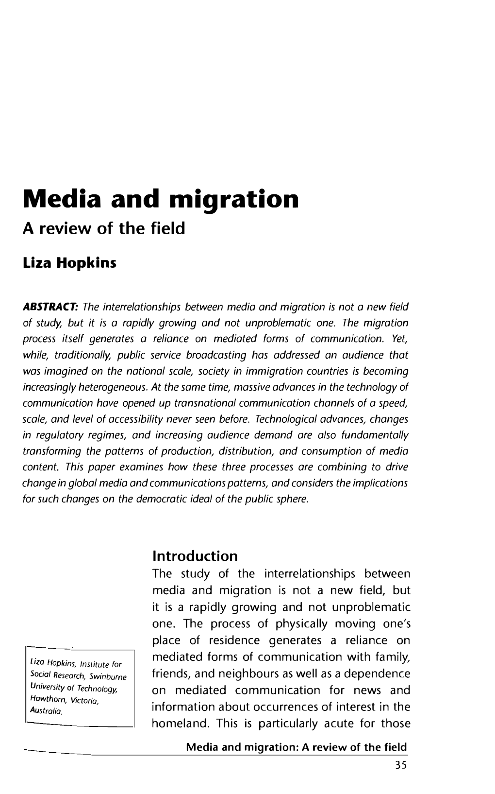 Media and Migration a Review of the Field