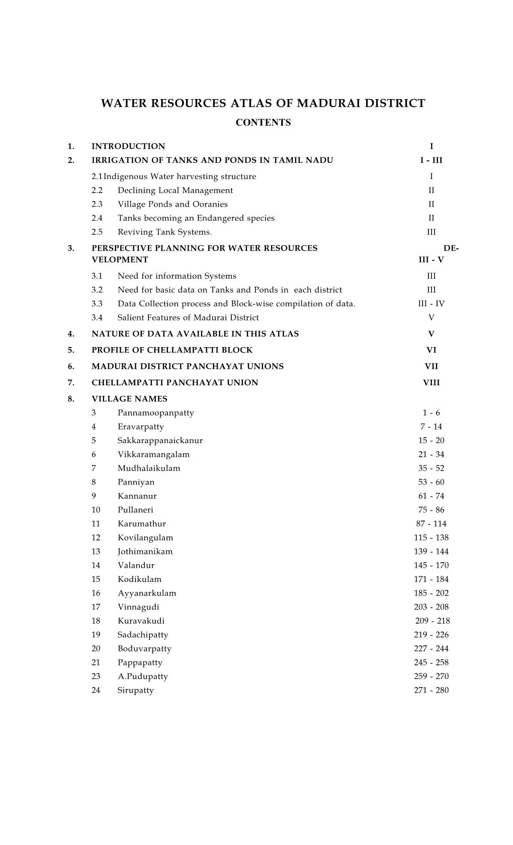 Water Resources Atlas of Madurai District Contents