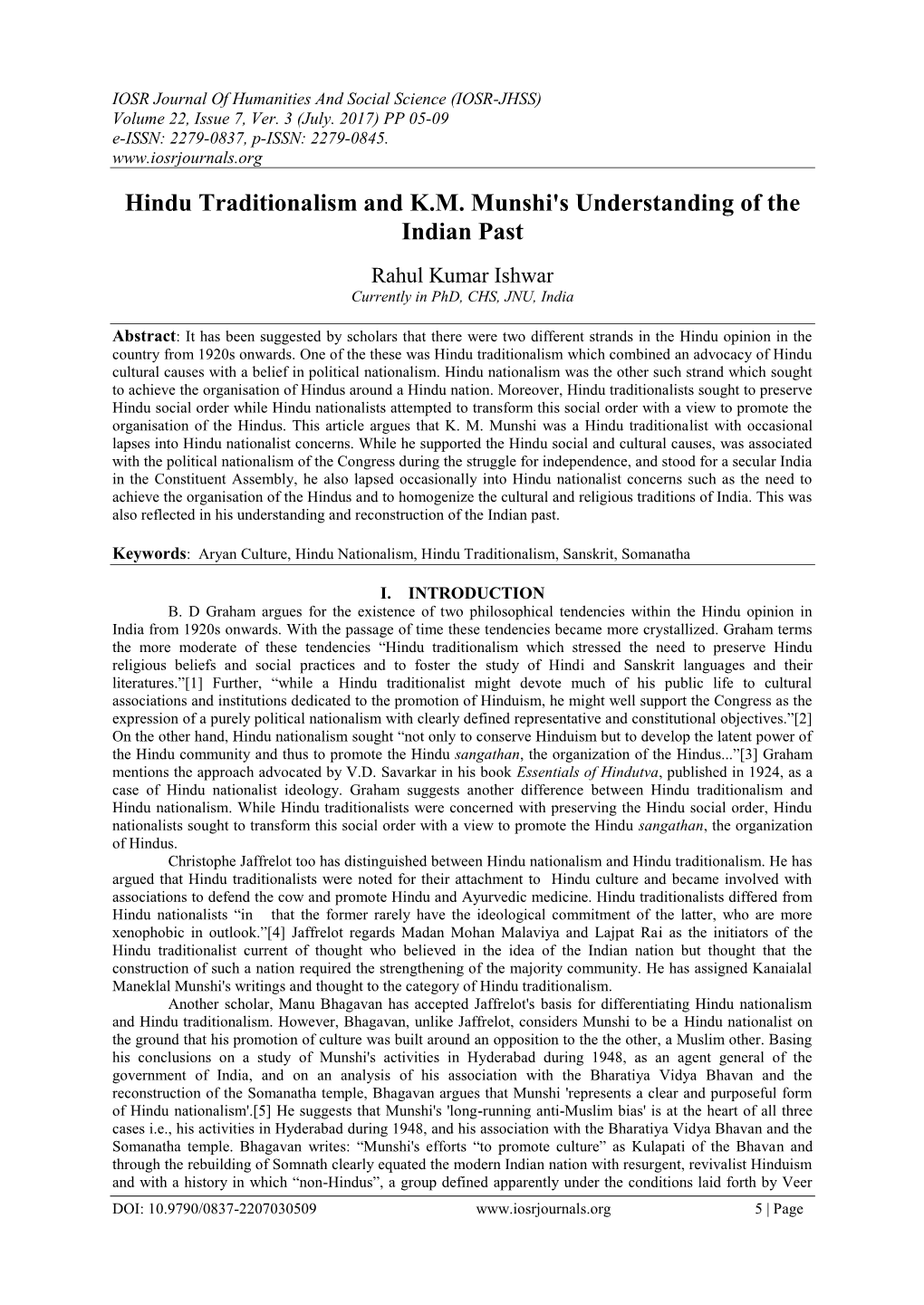 Hindu Traditionalism and K.M. Munshi's Understanding of the Indian Past