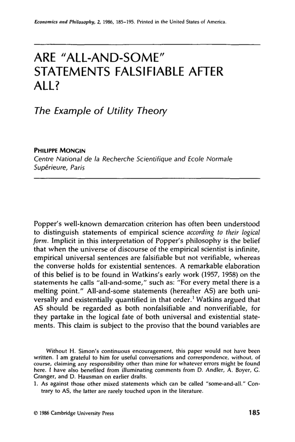 Statements Falsifiable After All?: the Example of Utility Theory