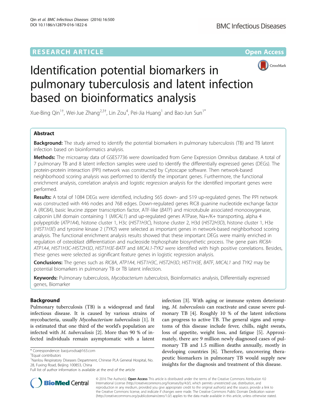 Identification Potential Biomarkers in Pulmonary Tuberculosis and Latent