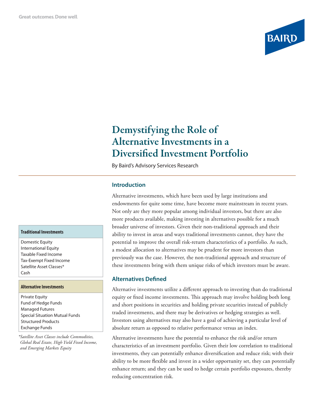 Demystifying the Role of Alternative Investments in a Diversified Investment Portfolio by Baird’S Advisory Services Research