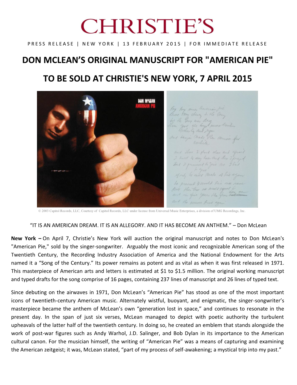 Don Mclean's Original Manuscript for 