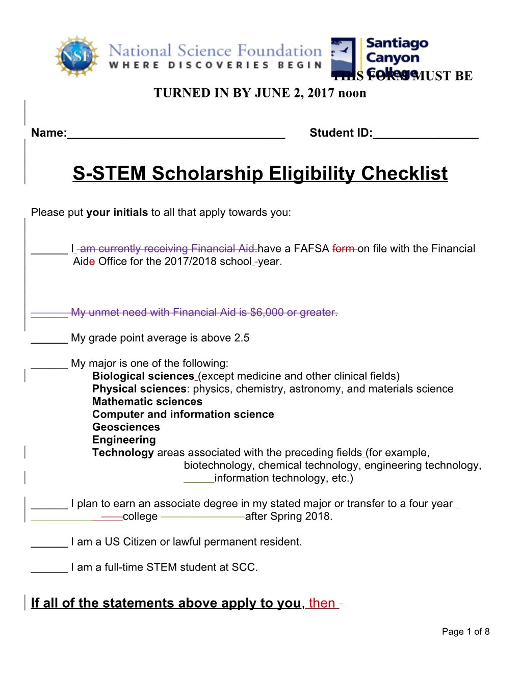 S-STEM Scholarship Eligibility Checklist