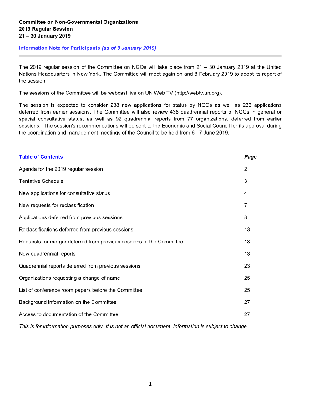 Committee on Non-Governmental Organizations 2019 Regular Session 21 – 30 January 2019