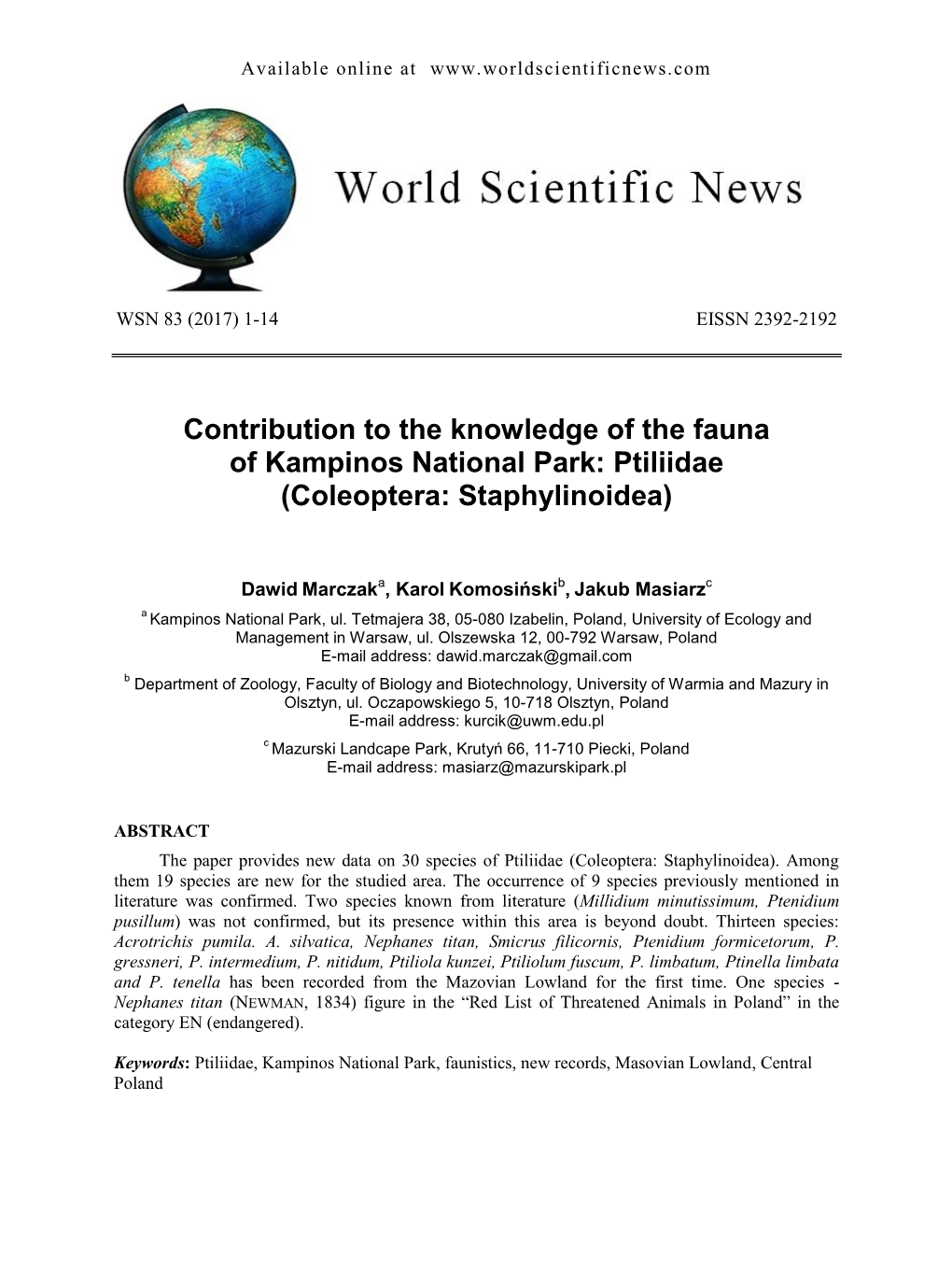 Contribution to the Knowledge of the Fauna of Kampinos National Park: Ptiliidae (Coleoptera: Staphylinoidea)