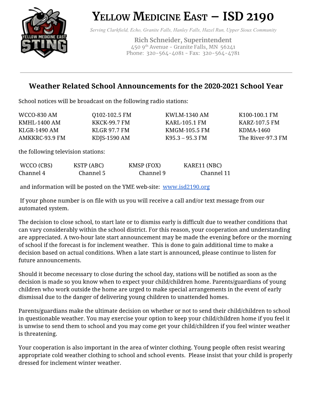 School Closing Letter