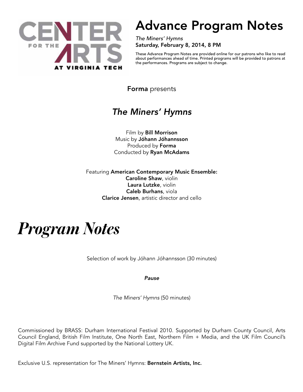 Advance Program Notes the Miners’ Hymns Saturday, February 8, 2014, 8 PM