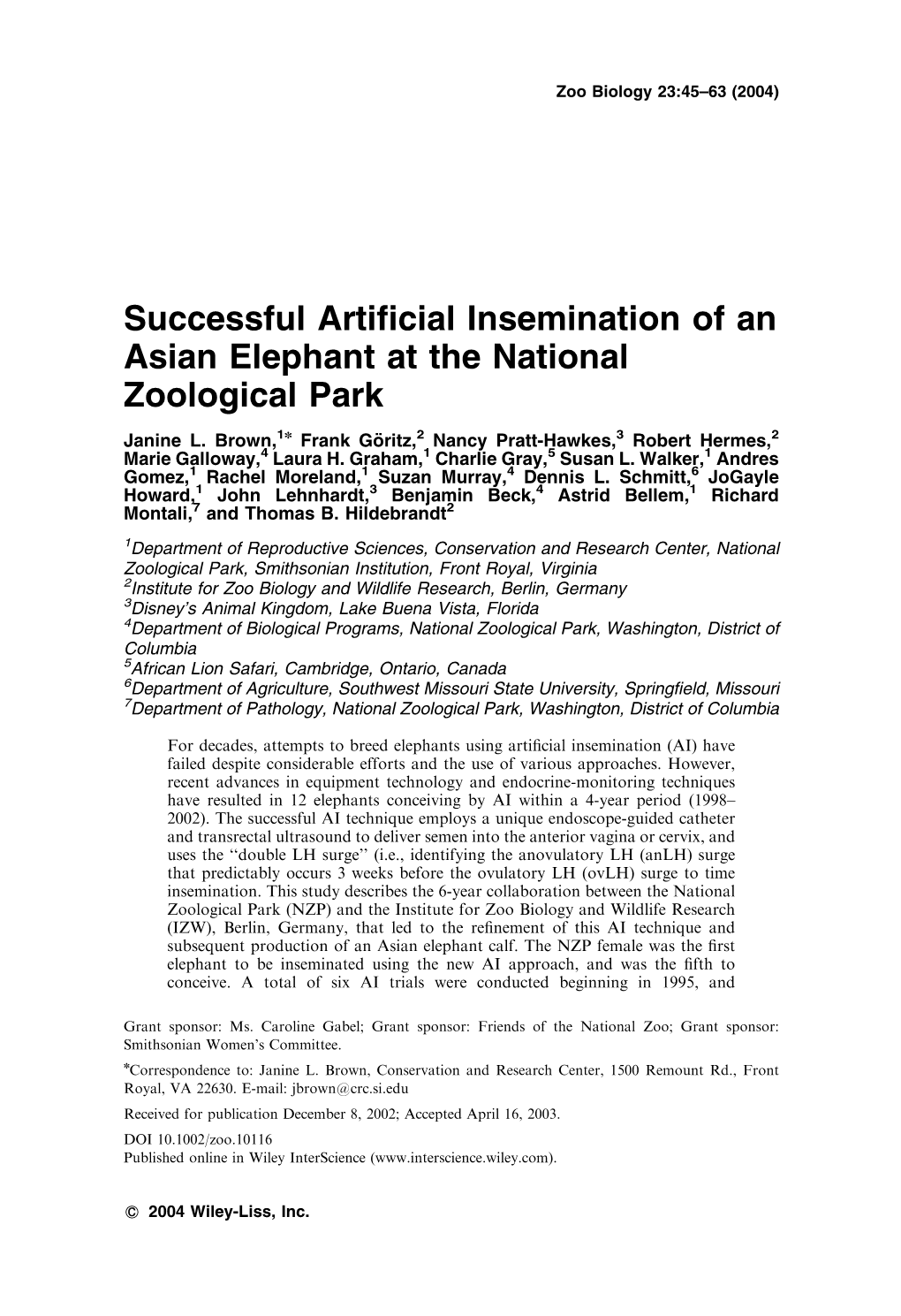 Successful Artificial Insemination of an Asian Elephant at the National