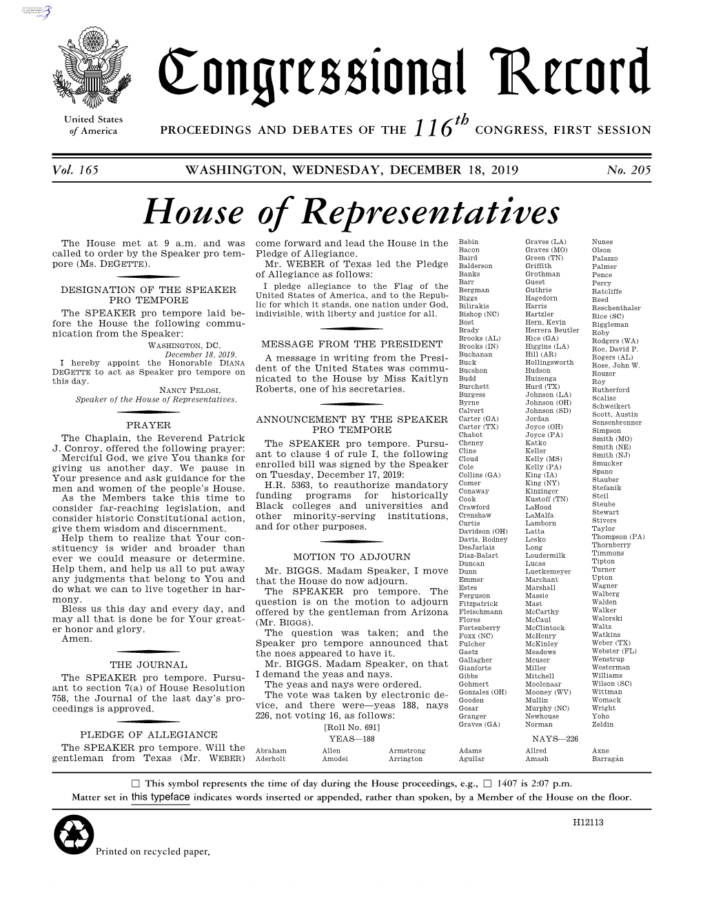 Congressional Record United States Th of America PROCEEDINGS and DEBATES of the 116 CONGRESS, FIRST SESSION