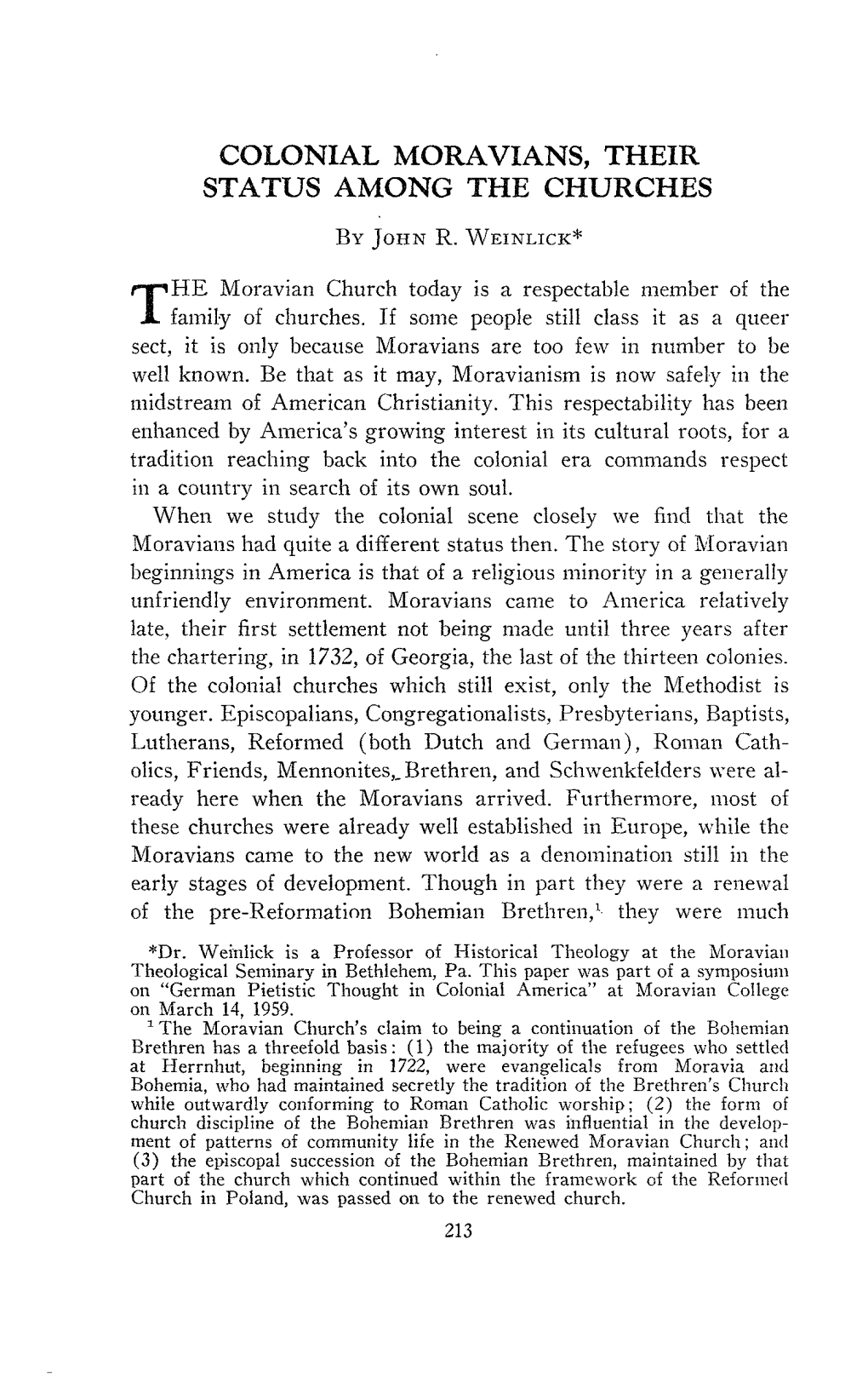 Colonial Moravians, Their Status Among the Churches