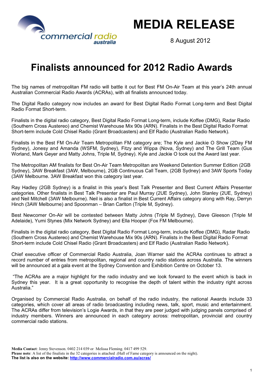 Commercial Radio Awards (Acras), with All Finalists Announced Today