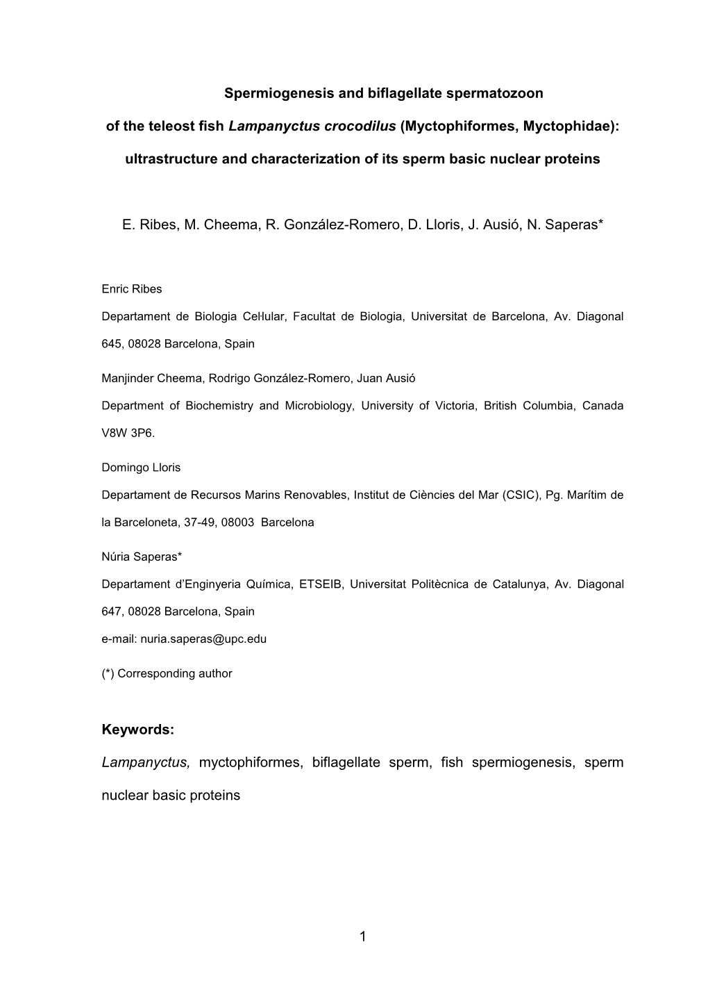 1 Spermiogenesis and Biflagellate Spermatozoon of the Teleost Fish