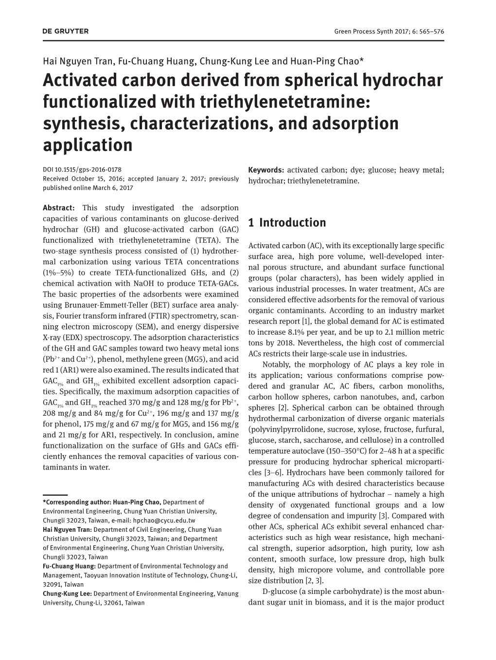 Activated Carbon Derived from Spherical Hydrochar Functionalized with Triethylenetetramine: Synthesis, Characterizations, and Adsorption Application