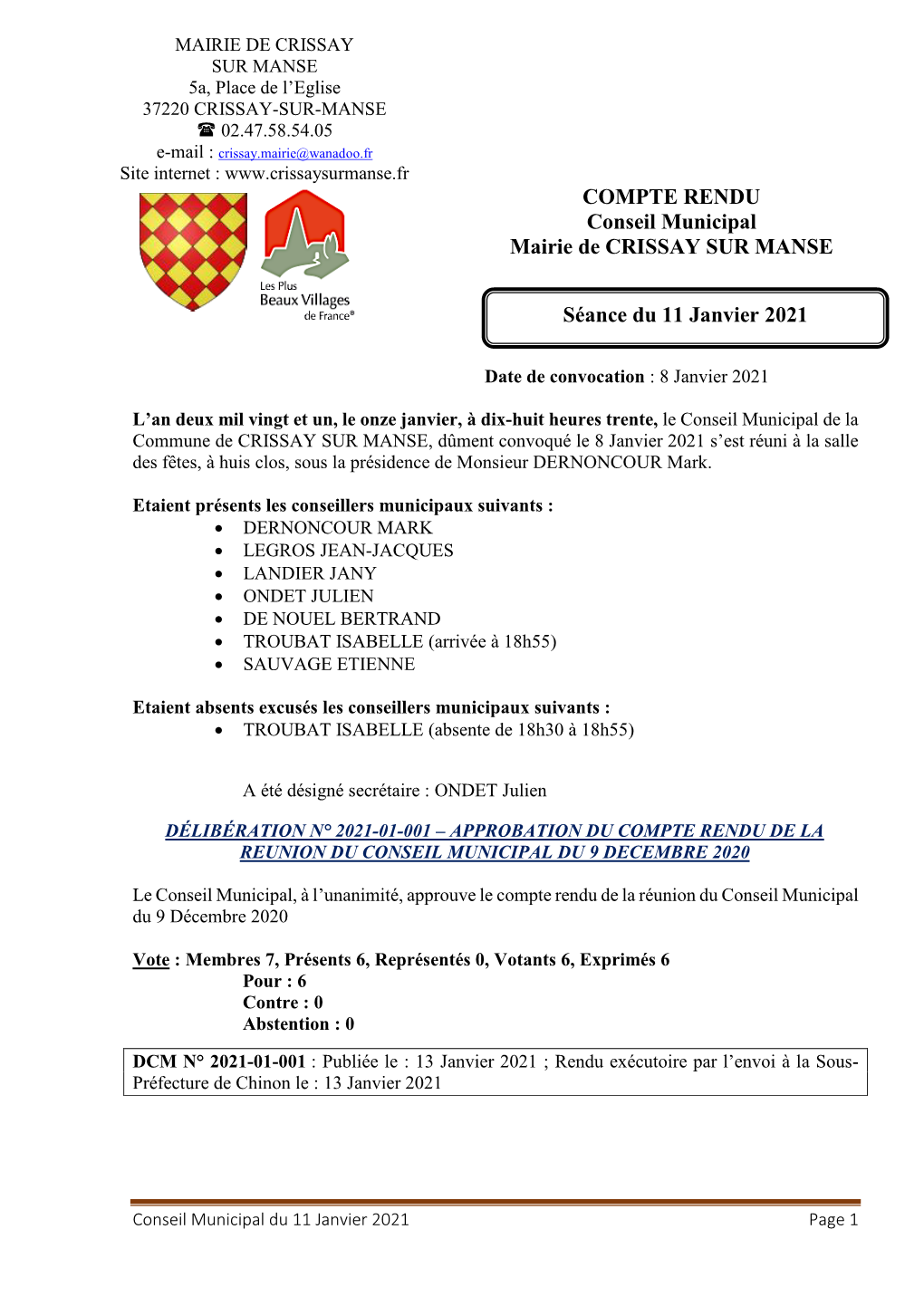 COMPTE RENDU Conseil Municipal Mairie De CRISSAY SUR MANSE