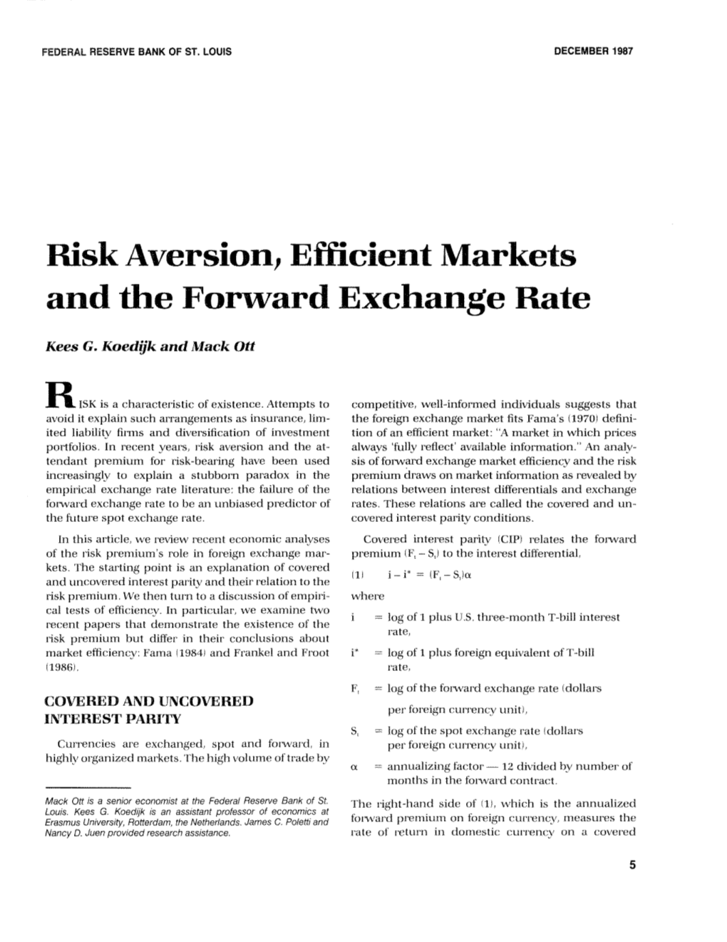 Risk Aversion, Efficient Markets, and the Forward Exchange Rate