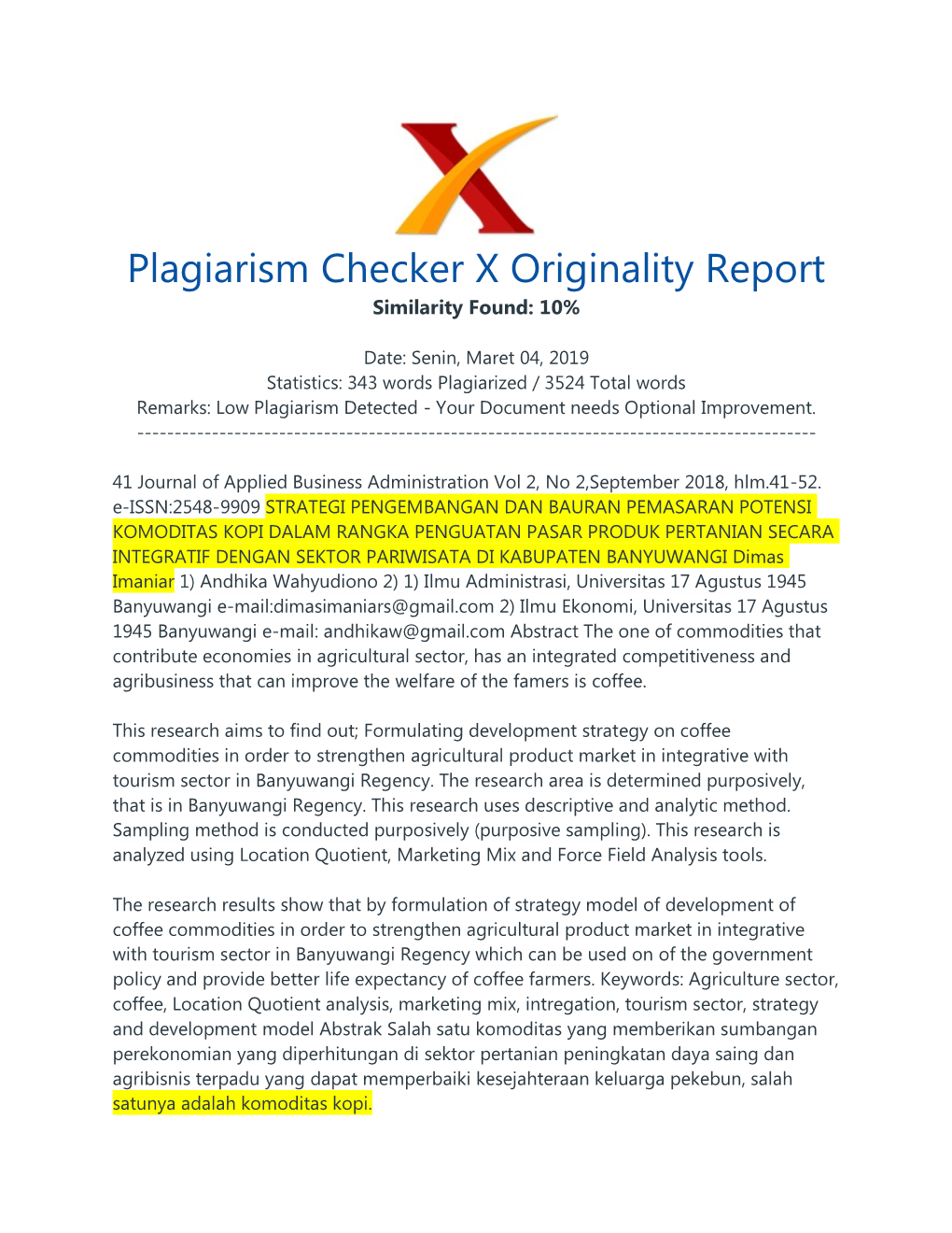 Plagiarism Checker X Originality Report Similarity Found: 10%