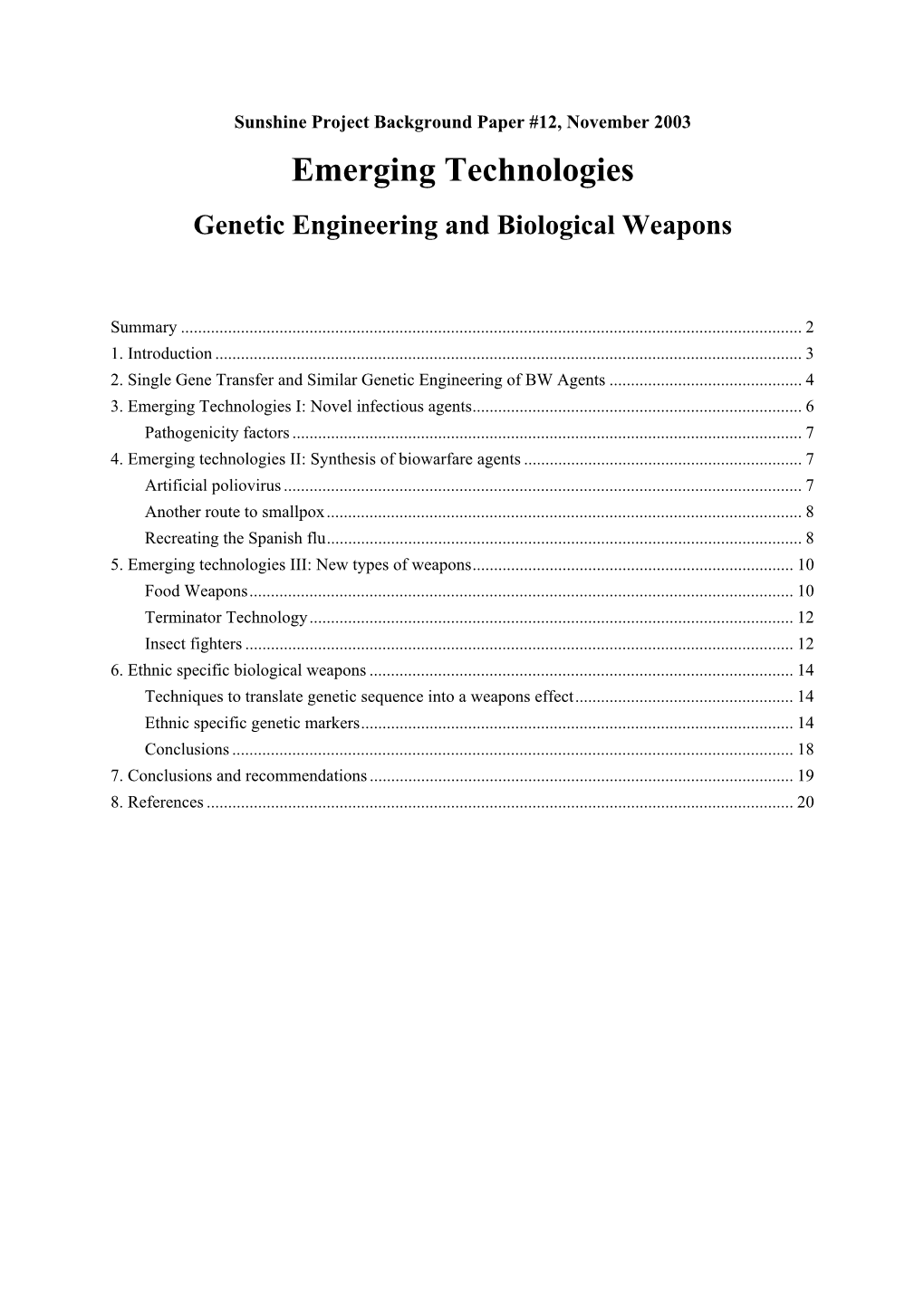 Emerging Technologies Genetic Engineering and Biological Weapons