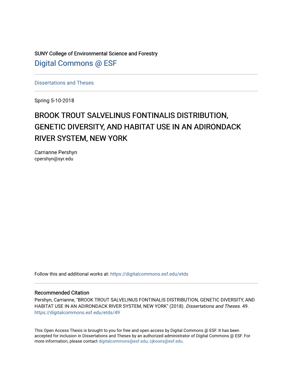 Brook Trout Salvelinus Fontinalis Distribution, Genetic Diversity, and Habitat Use in an Adirondack River System, New York