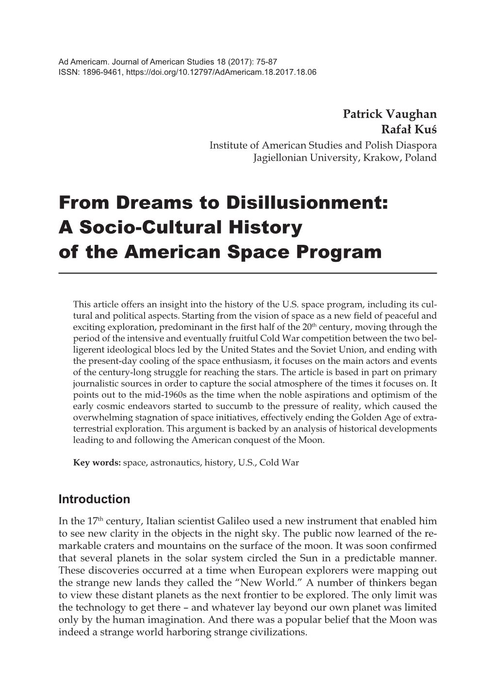 A Socio-Cultural History of the American Space Program