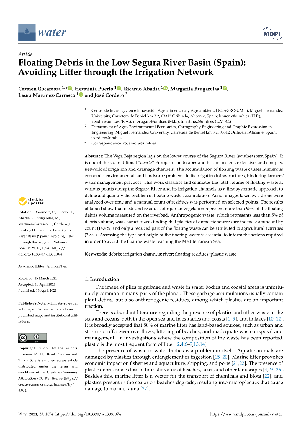 Floating Debris in the Low Segura River Basin (Spain): Avoiding Litter Through the Irrigation Network