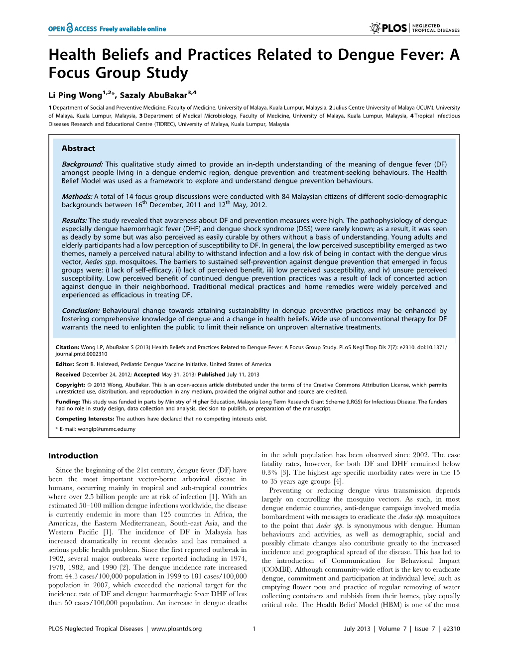 Health Beliefs and Practices Related to Dengue Fever: a Focus Group Study