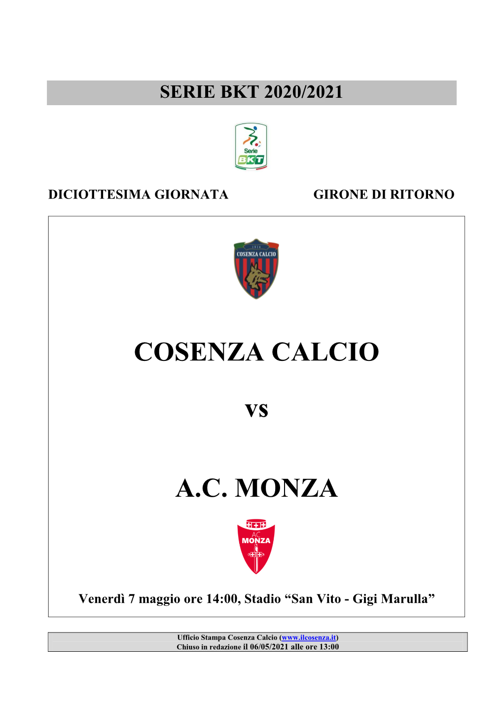 COSENZA CALCIO Vs A.C. MONZA