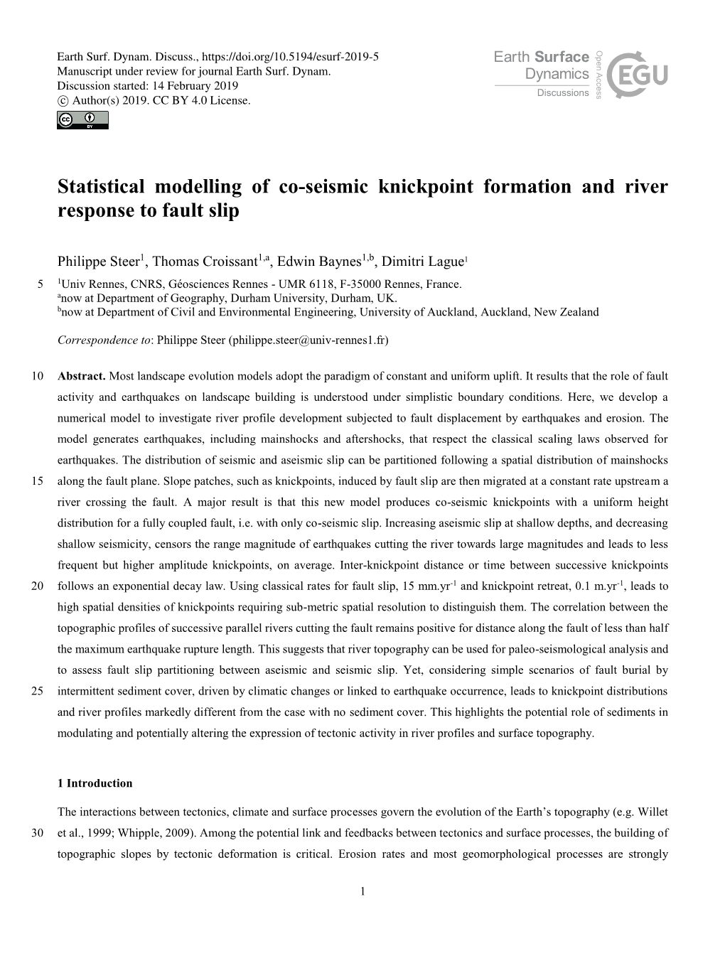 Statistical Modelling of Co-Seismic Knickpoint Formation and River Response to Fault Slip