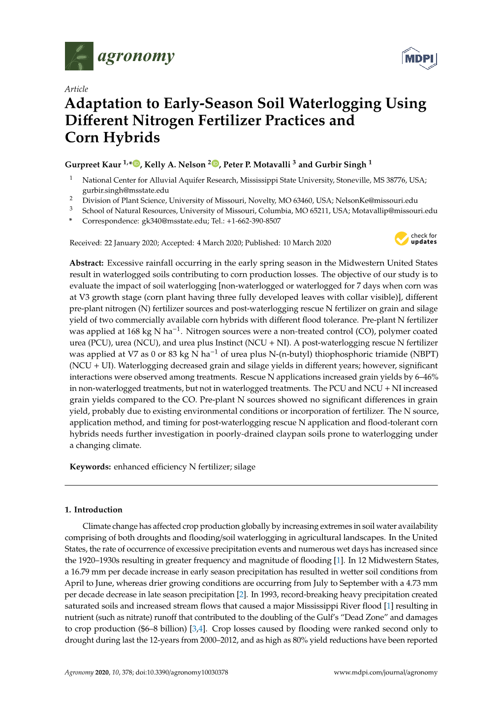 Adaptation to Early-Season Soil Waterlogging Using Different Nitrogen Fertilizer Practices and Corn Hybrids