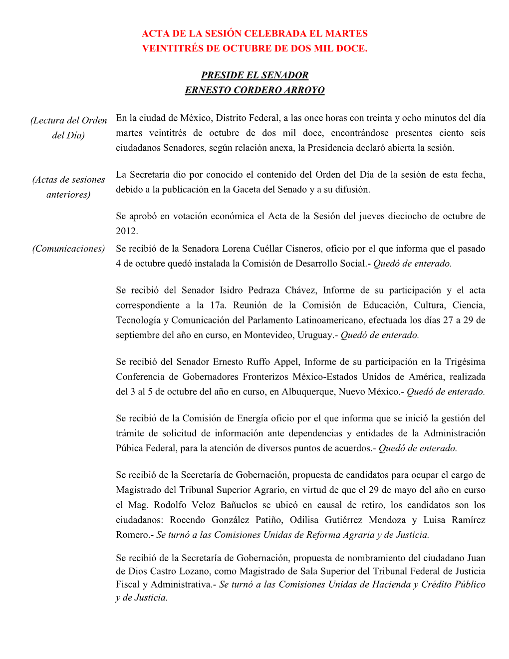 Acta De La Sesión Celebrada El Martes Veintitrés De Octubre De Dos Mil Doce