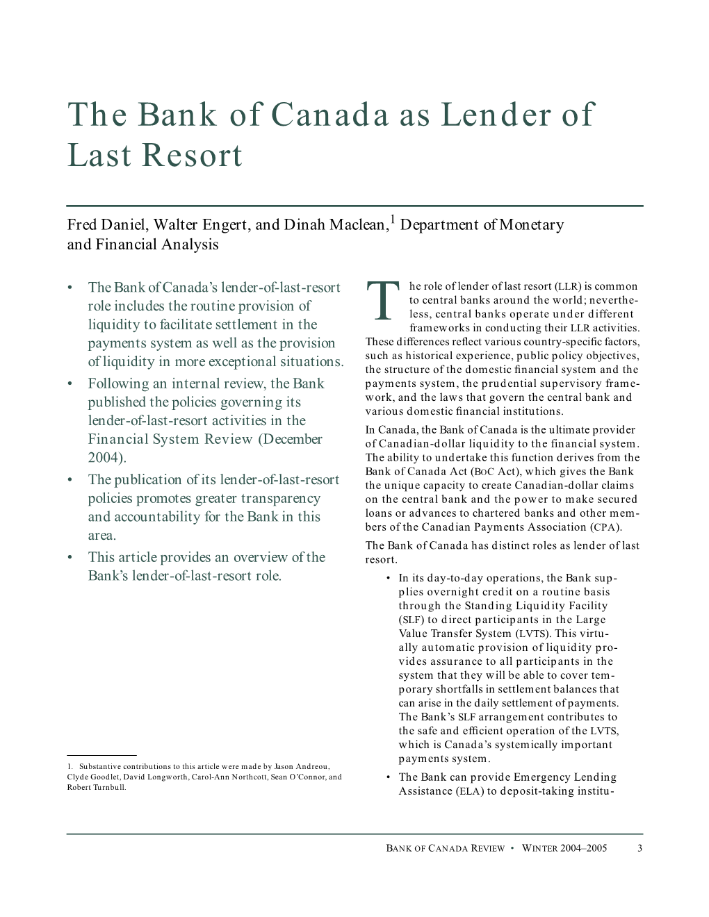 The Bank of Canada As Lender of Last Resort